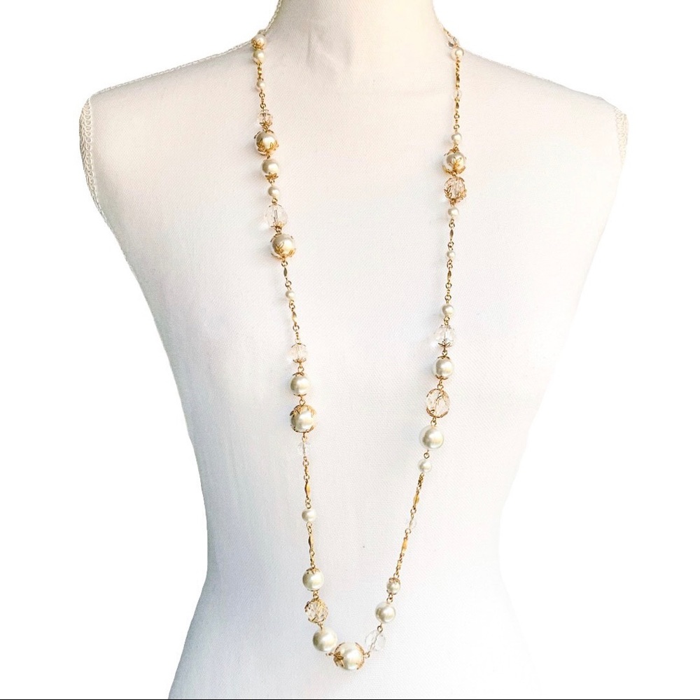 🆕 Long Genuine Crystal & Pearl Beaded Necklace NWT